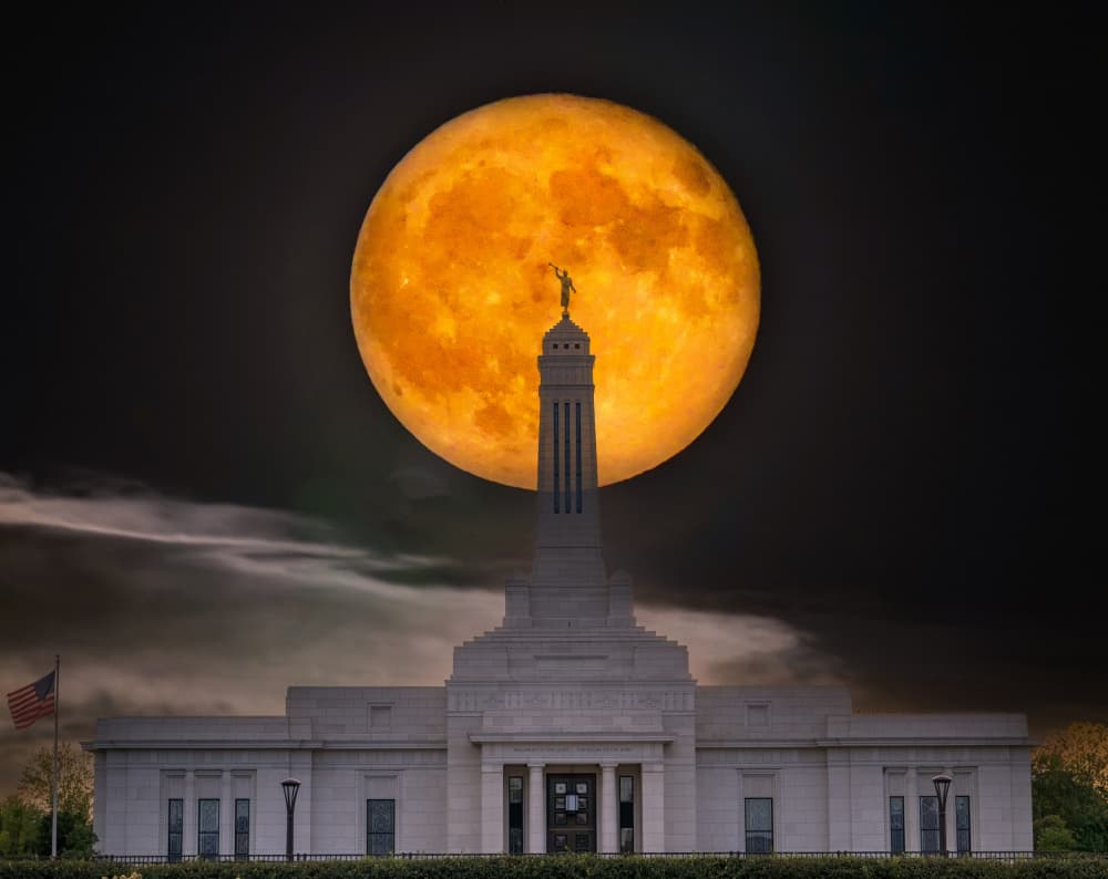 Orange Moon Temple Night by Yuan Su — canvas wall art