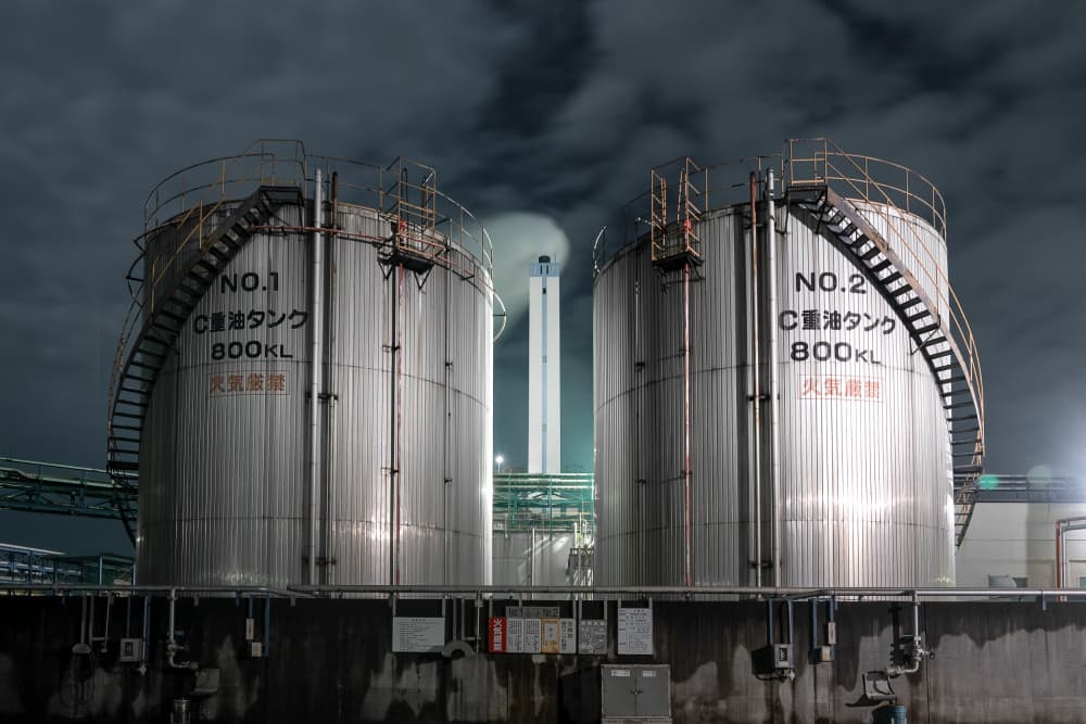 Industrial Tanks at Night by Tomoshi Hara — canvas wall art