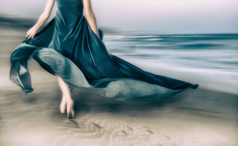 Flowing Teal Dress Beach by Charlaine Gerber — canvas wall art