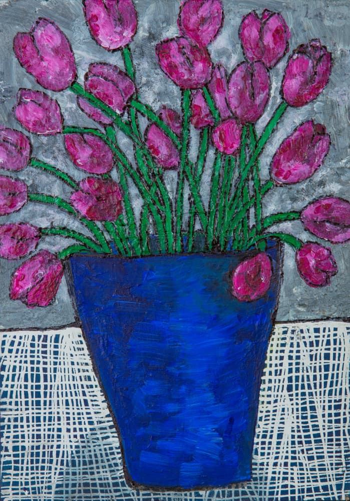 Tulips In Blue Vase by Dale Hefer — canvas wall art