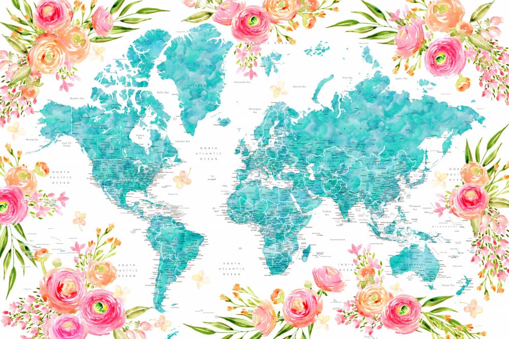 Floral Watercolor World Map by Rosana Laiz Blursbyai — canvas wall art