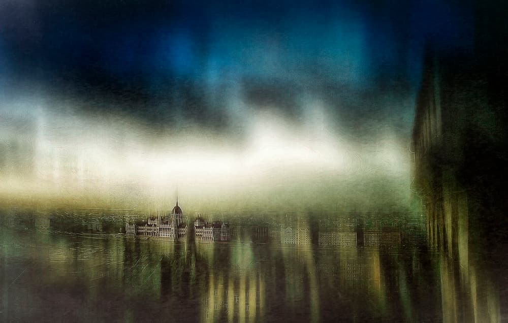 Misty City Reflections by Krisztina Lacz — canvas wall art
