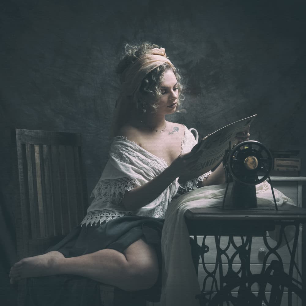 Pensive Woman Sewing by Ruth Franke — canvas wall art