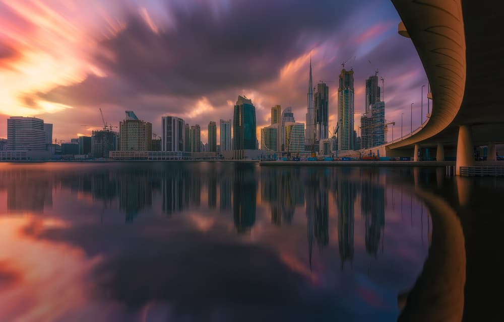 Dubai Sunset Skyline by Javier de la Torre — canvas wall art