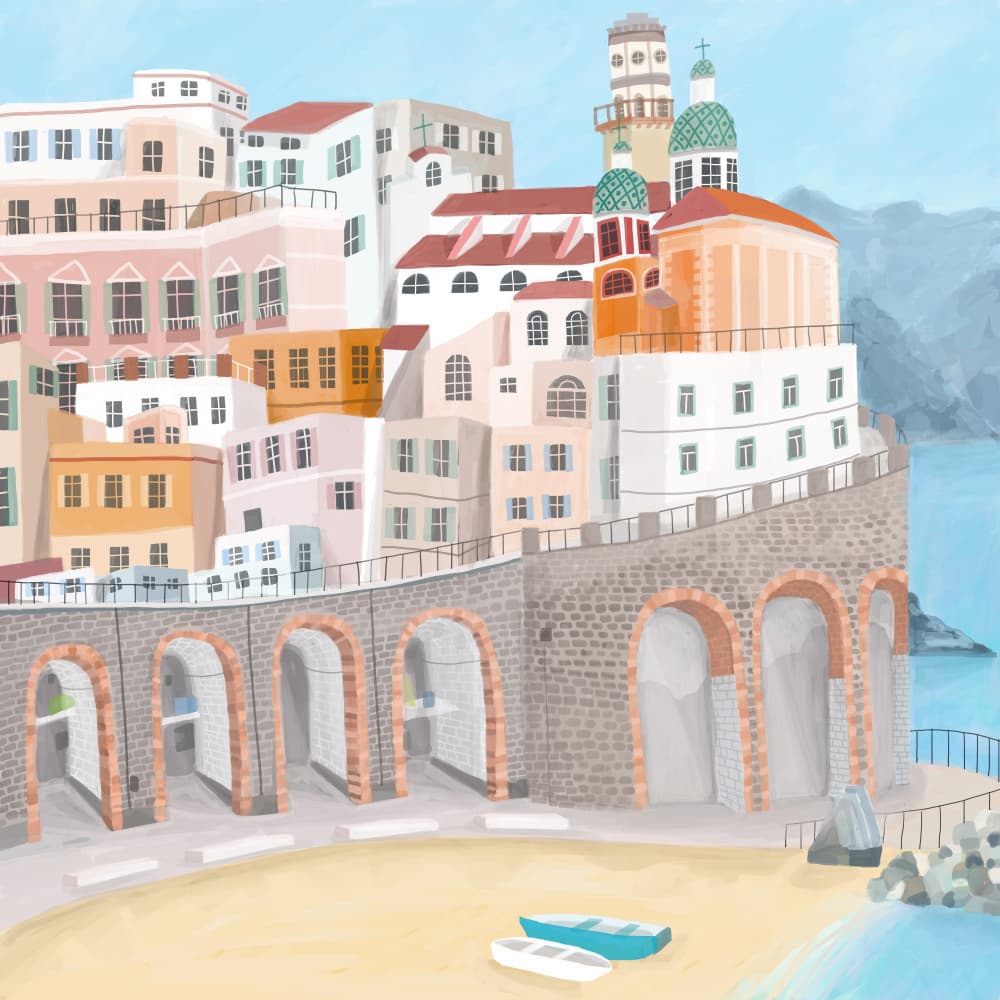 Coastal Hillside Village by Carla Daly — canvas wall art