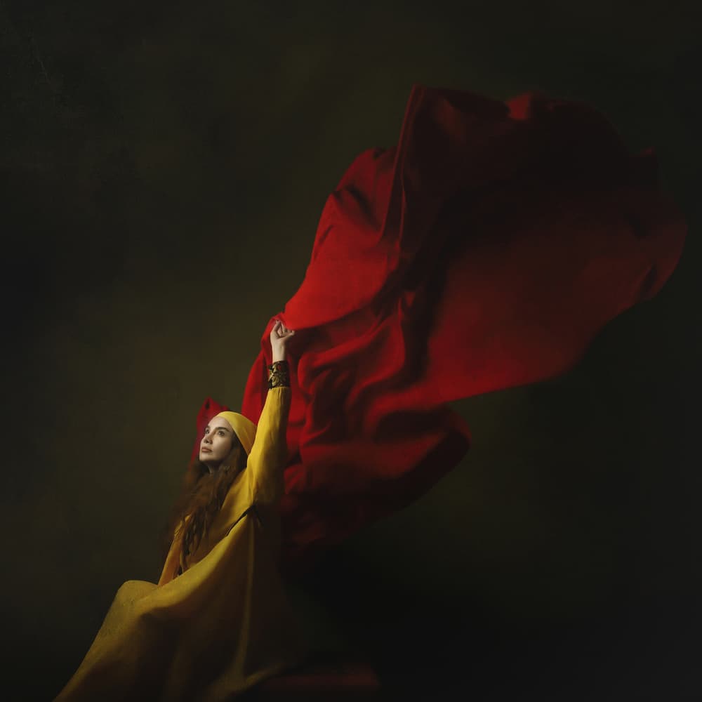 Golden Woman Red Fabric by Moein Hasheminasab — canvas wall art