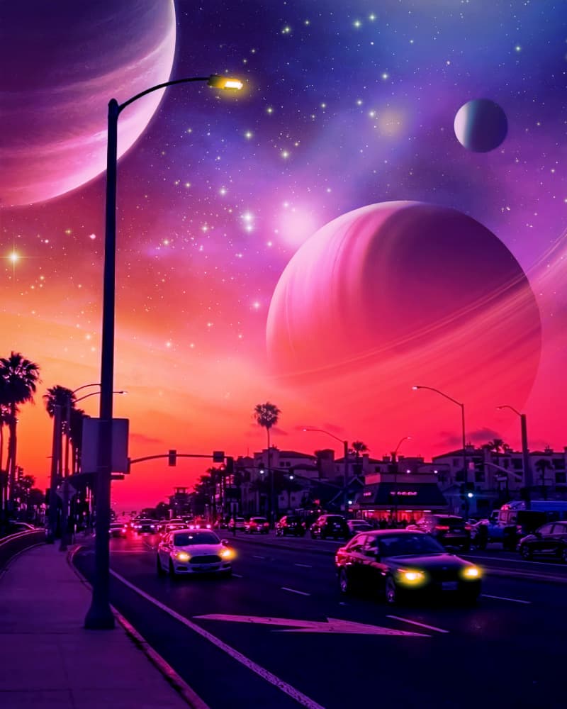 Vibrant Cosmic Cityscape by Ritvik takkar — canvas wall art
