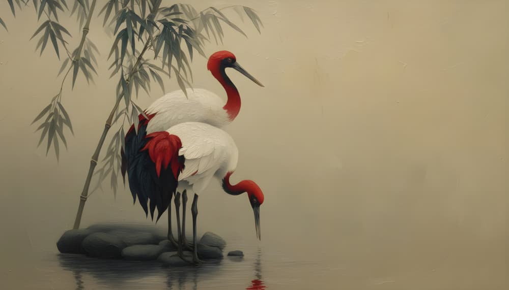 Elegant Cranes Reflecting by HUGO — canvas wall art