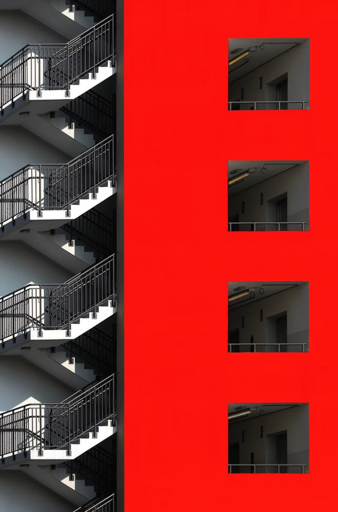 Vibrant Red Staircase by Hans-Wolfgang Hawerkamp — canvas wall art