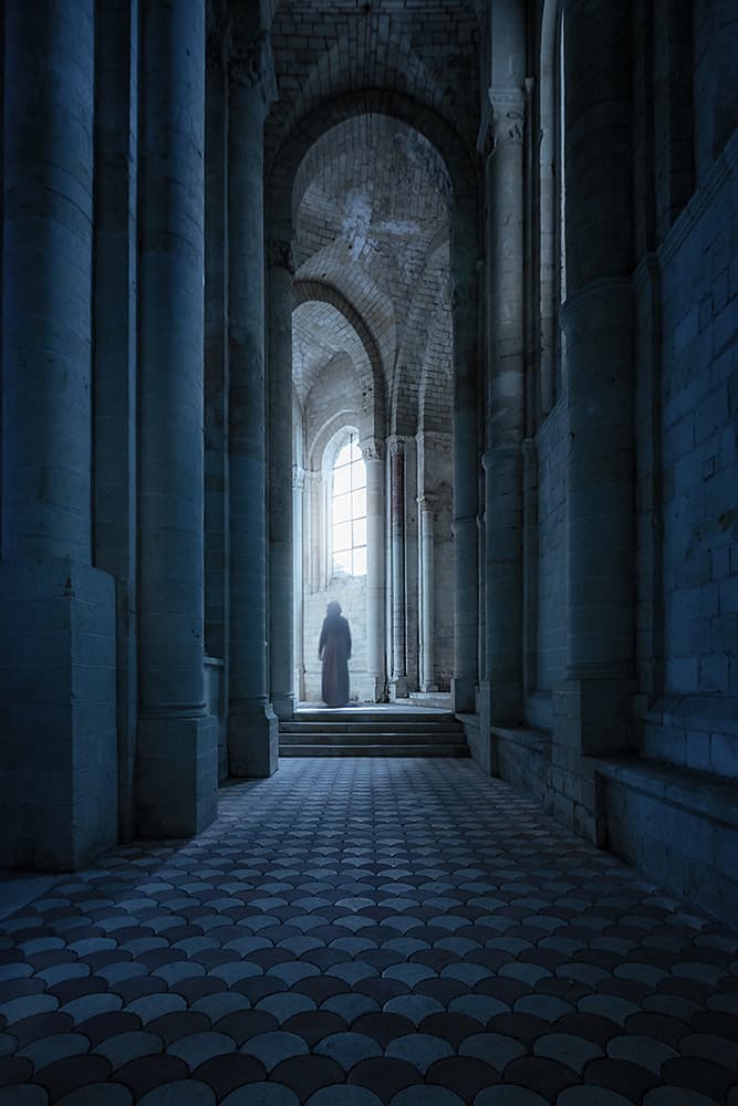 Solitary Figure Ancient Hall by Uschi Hermann — canvas wall art