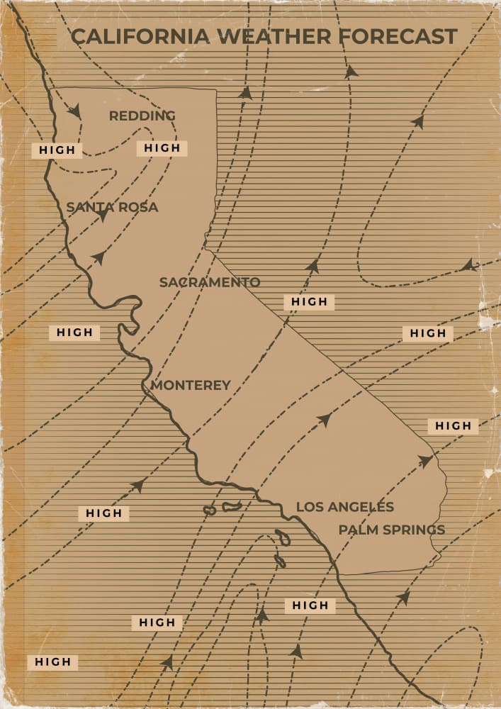 Vintage California Weather Map by Nicholas — canvas wall art