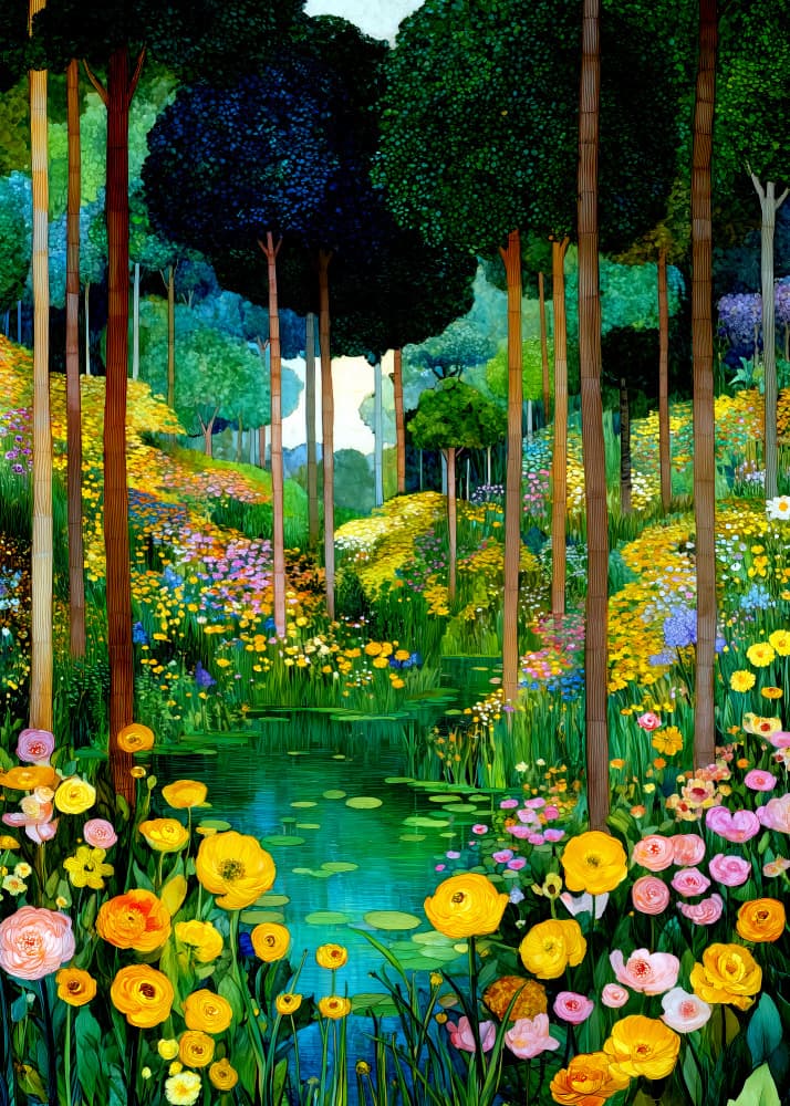 Vibrant Forest Garden Pond by Justyna Jaszke — canvas wall art