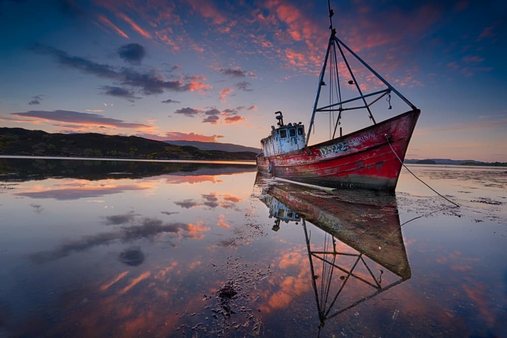 Red Boat Sunset Reflection by Trevor Cole — canvas wall art
