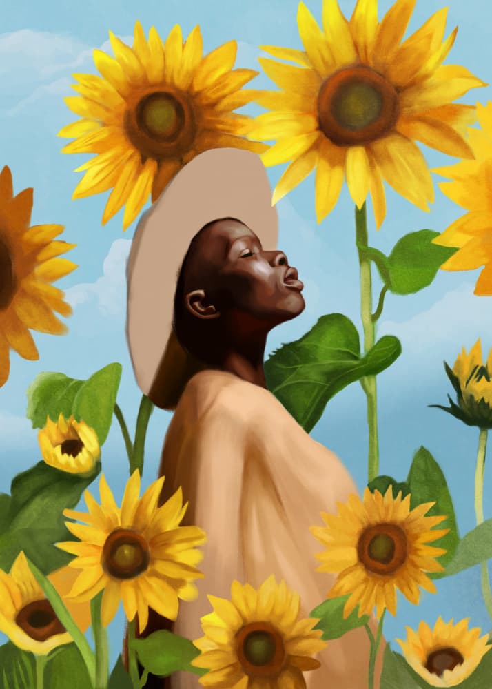 Black Woman Sunflower Field by Nadjaa — canvas wall art