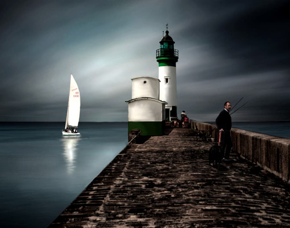 Moody Lighthouse Pier Sailboat by Pierre Bacus — canvas wall art