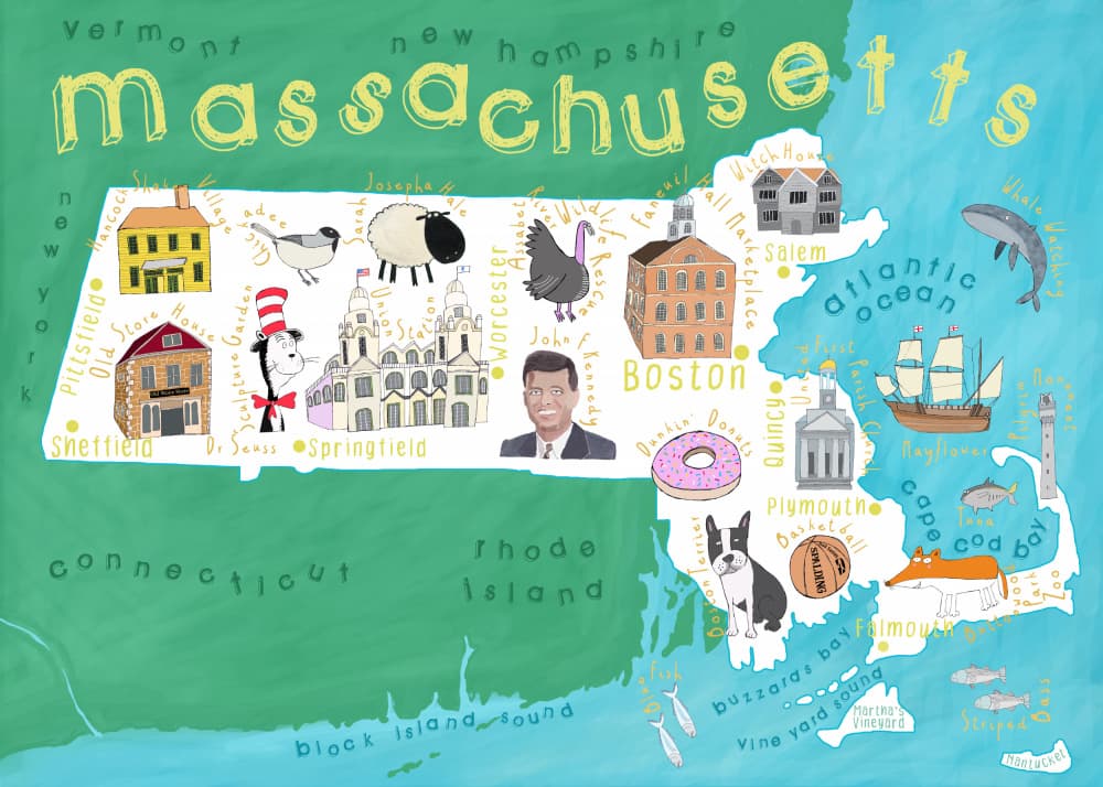 Massachusetts Whimsical Map by Carla Daly — canvas wall art