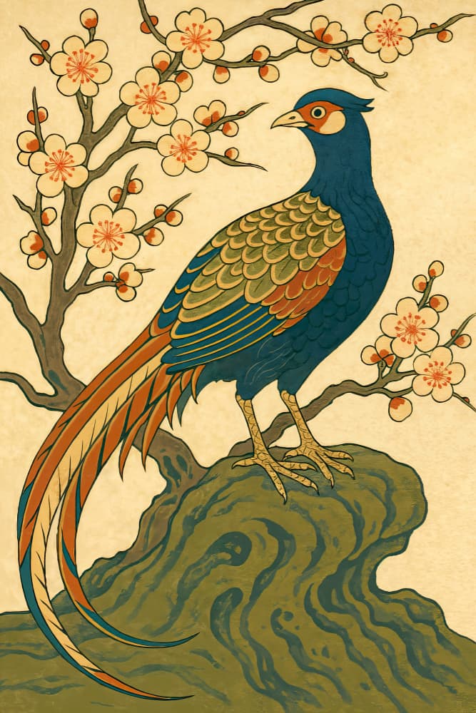 Blue Pheasant and Blossoms by Natalie Bruns — canvas wall art