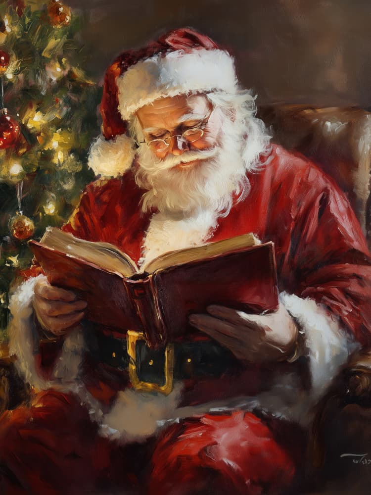 Cozy Santa Christmas Reading by Jolly and Dash — canvas wall art