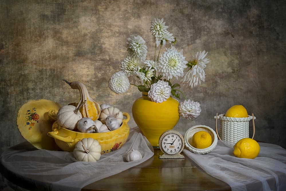 Lemons Dahlias Harvest by Lydia Jacobs — canvas wall art