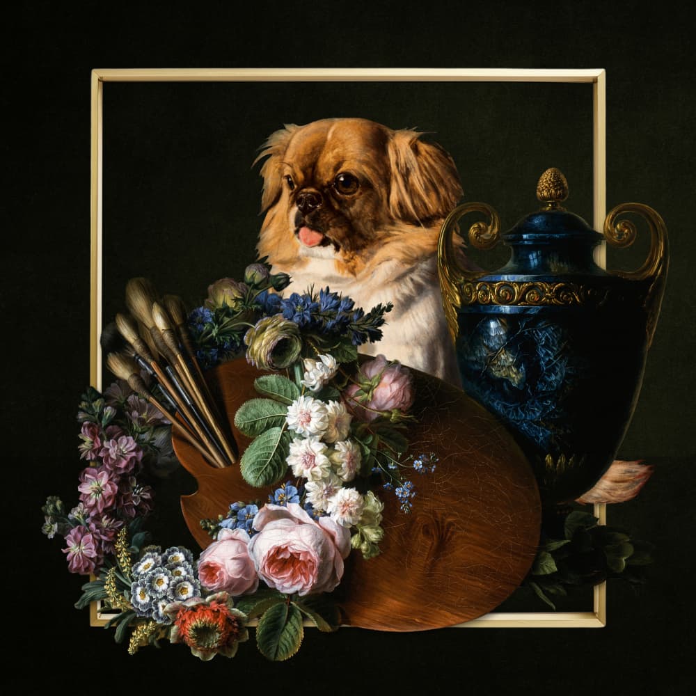 Pekingese Floral Still Life by Marja van den Hurk — canvas wall art