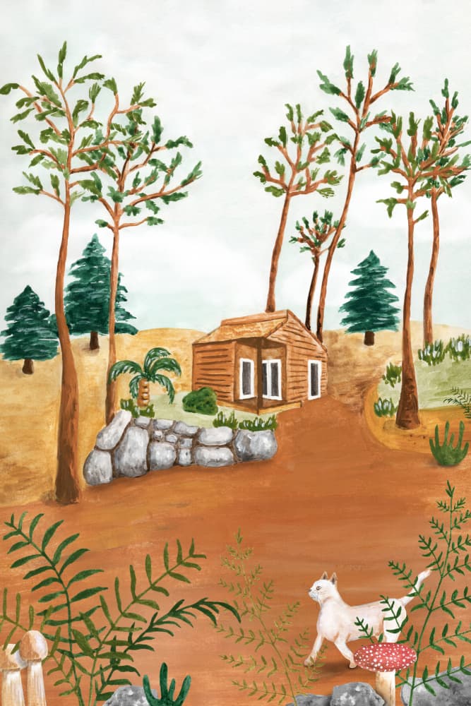 Woodland Cabin Cat by Karen Menzenbach — canvas wall art