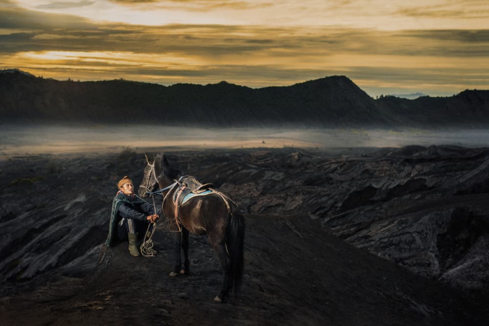 Horse Rider Volcanic Sunrise by Heru Sungkono — canvas wall art