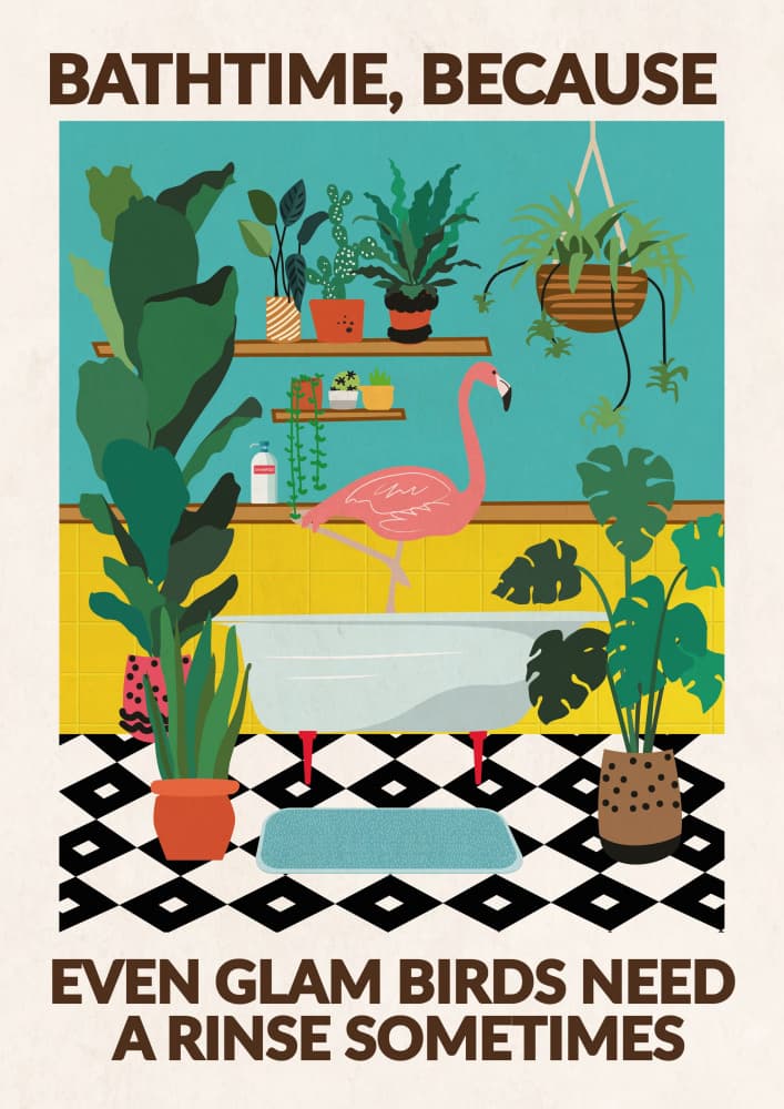 A4 Cheeky Flamingo Bathtime 01.png by WallChart Art Studio — canvas wall art