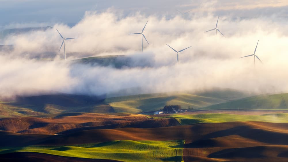 Misty Wind Farm Hills by James Lu — canvas wall art