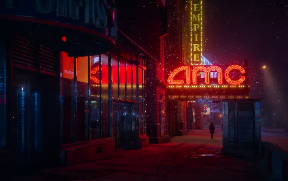 Red Neon City Night by Javier de la Torre — canvas wall art