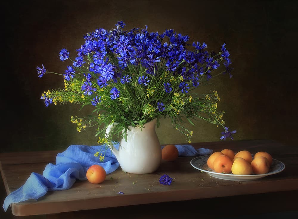 Blue Cornflowers And Apricots by Tatyana Skorokhod — canvas wall art