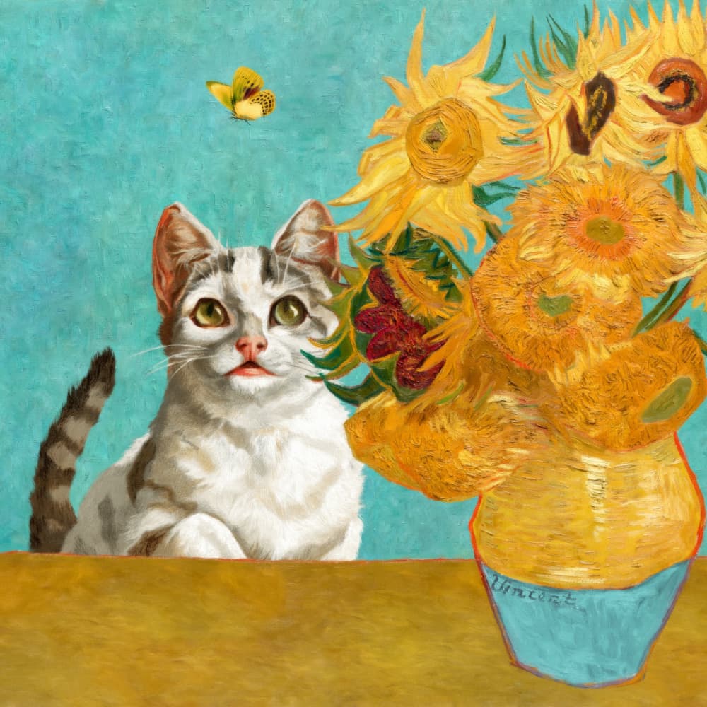 Curious Cat and Sunflowers by Marja van den Hurk — canvas wall art