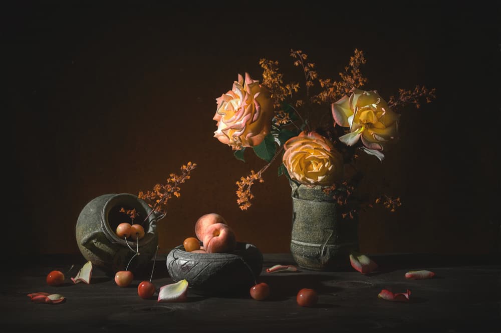 Moody Roses and Fruit by Lydia Jacobs — canvas wall art