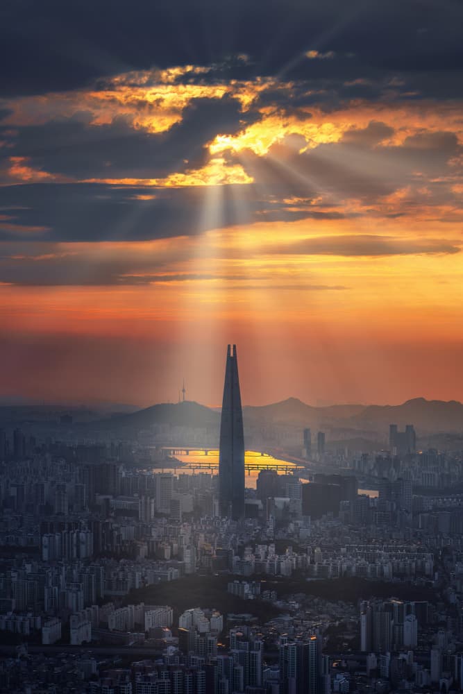Golden Skyscraper City Sunset by Tiger Seo — canvas wall art