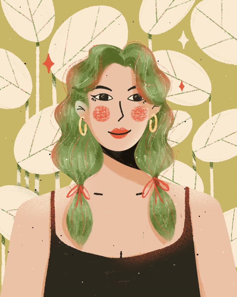 Green Hair Pigtails Portrait by Zove Ahhh — canvas wall art
