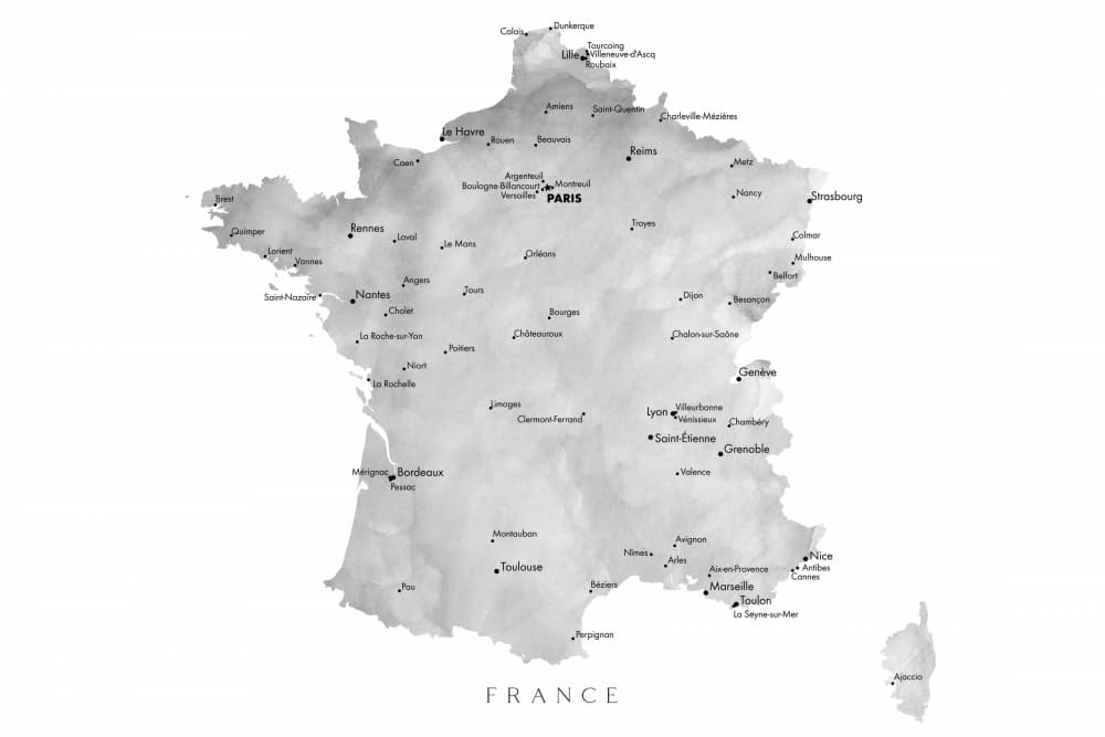 French Cities Map by Rosana Laiz Blursbyai — canvas wall art