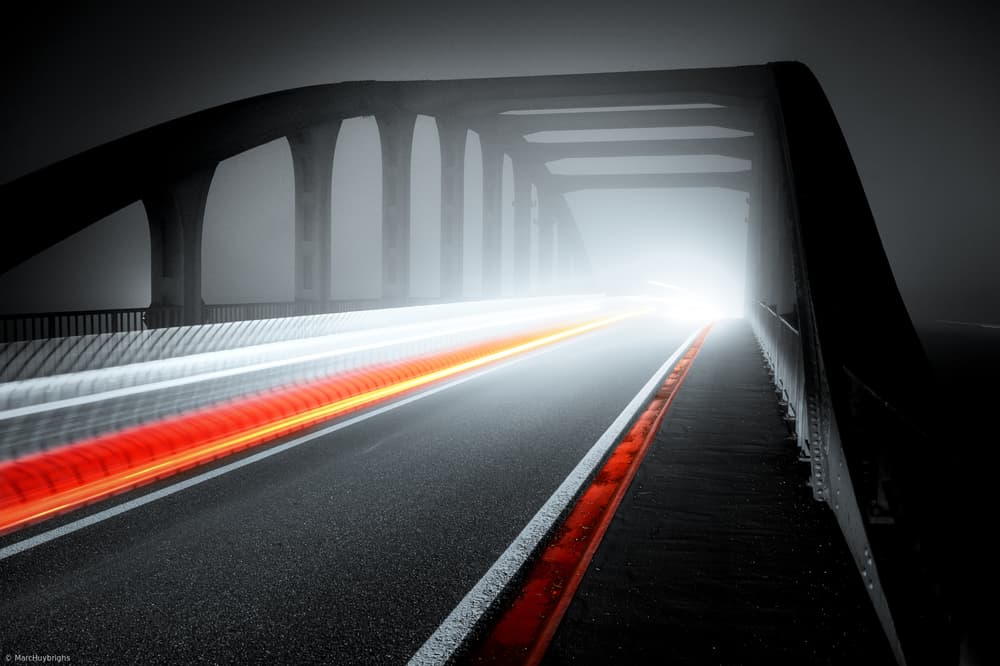 Foggy Bridge Light Trails by Marc Huybrighs — canvas wall art