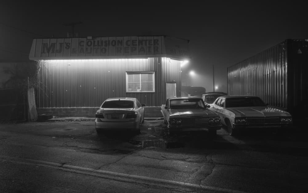 Eerie Auto Repair Night by Scott J. Pilla — canvas wall art