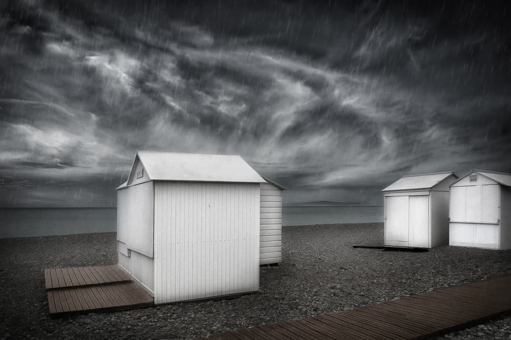 Stormy Beach Huts by Yvette Depaepe — canvas wall art