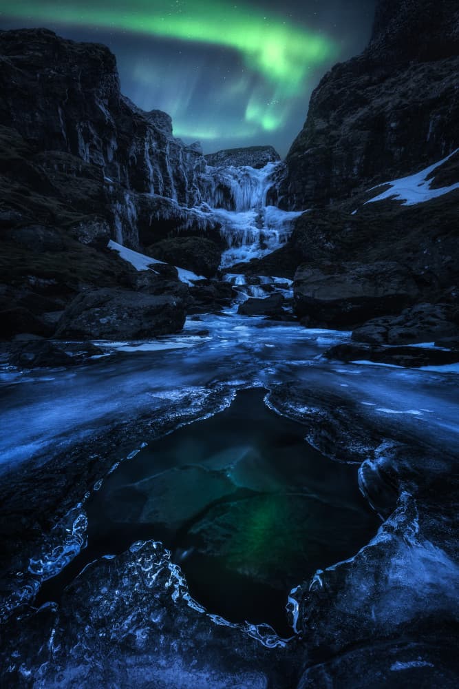 Green Aurora Icy Falls by Daniel Gastager — canvas wall art
