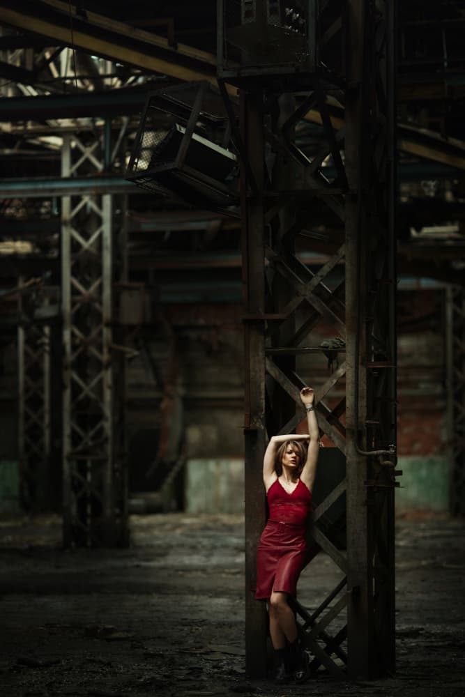 Gritty Red Dress Portrait by Raluca Arhire — canvas wall art