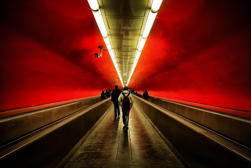 Vibrant Red Tunnel Walkway by Raffi Bashlian — canvas wall art