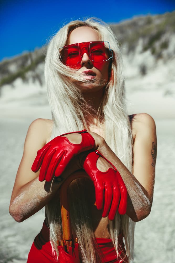 Blonde Red Beach Fashion by Ruslan Bolgov — canvas wall art