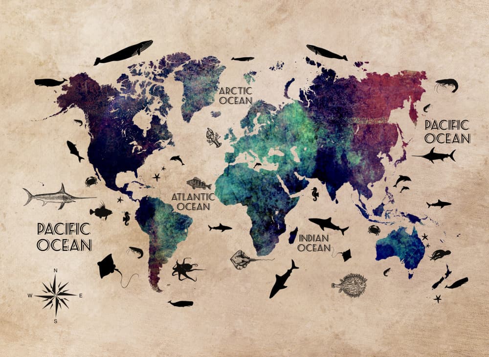 Colorful Ocean World Map by Justyna Jaszke — canvas wall art