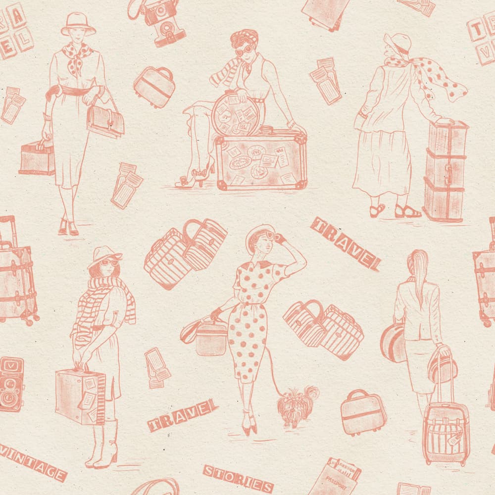 Vintage Ladies Traveling - Vintage Travel Stories - Pink - Pattern by Olena Kovalova — canvas wall art