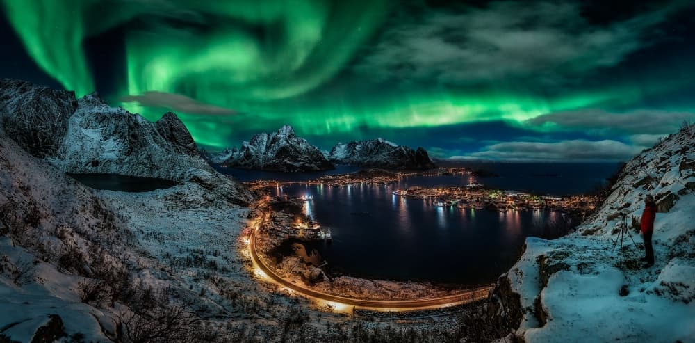 Aurora Over Fjord Town by Javier de la Torre — canvas wall art
