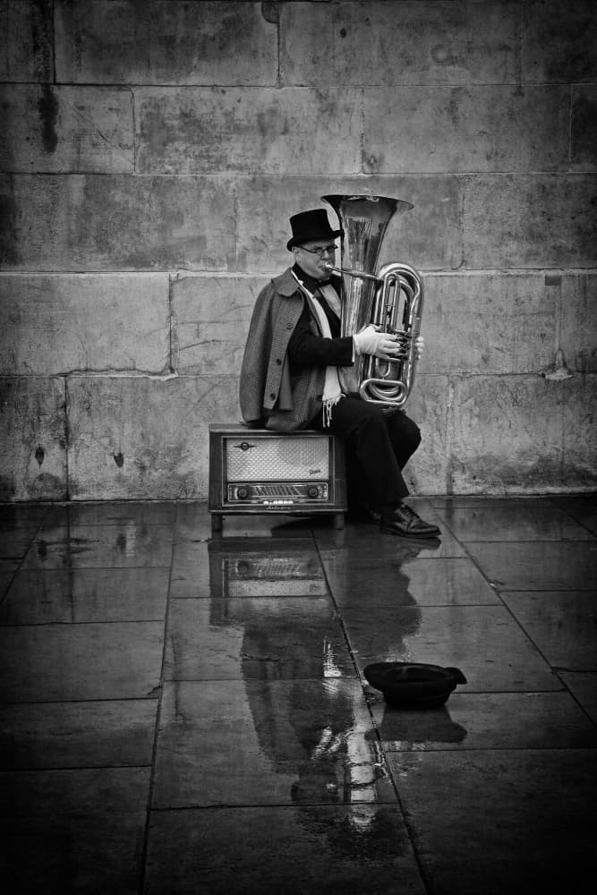 Vintage Busker in the Rain by Ralitsa Byalkova — canvas wall art