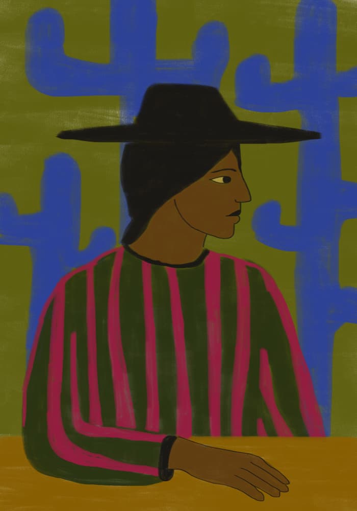 Southwestern Woman with Blue Cactus by THE MIUUS STUDIO — canvas wall art