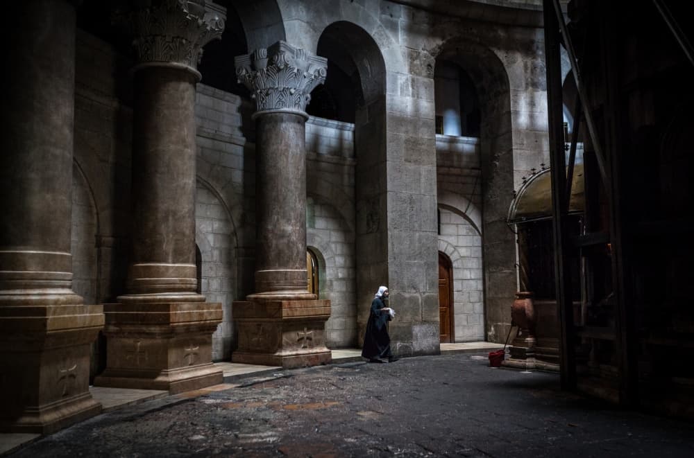 Monk in Ancient Church by Tomer Eliash — canvas wall art