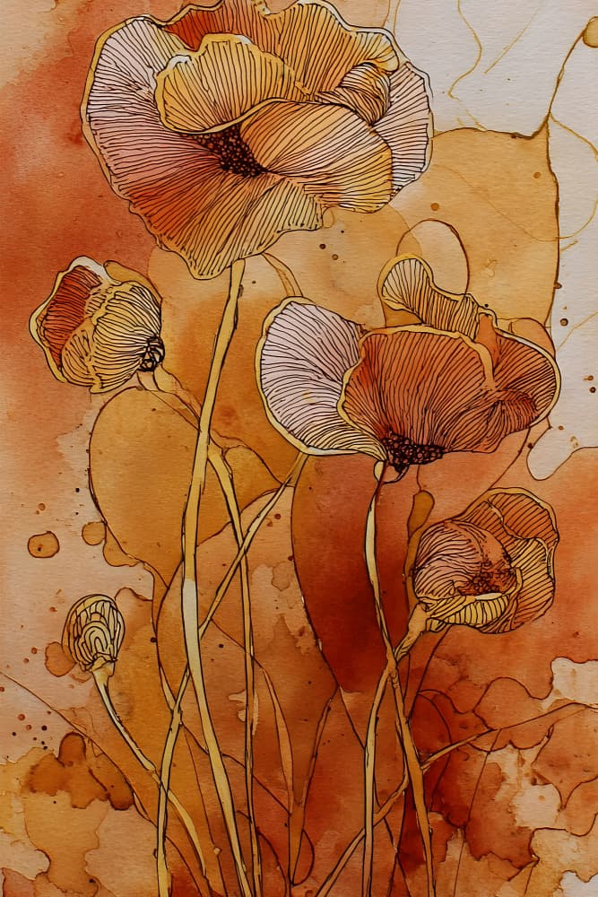 Warm Botanical Poppies by Miguel Bruzual — canvas wall art