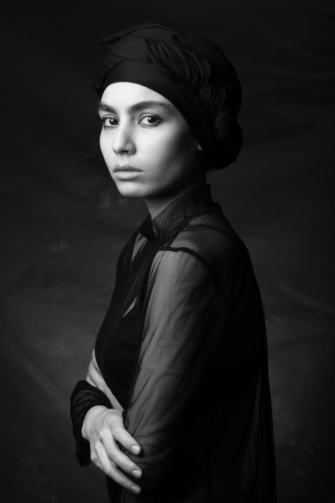 Monochrome Headwrap Portrait by Mehdi Mokhtari — canvas wall art